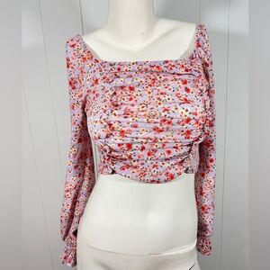 Altar'd State Blouse Women's Lilac Pink Floral Cropped Smocked Shirt Sz S Tunic
